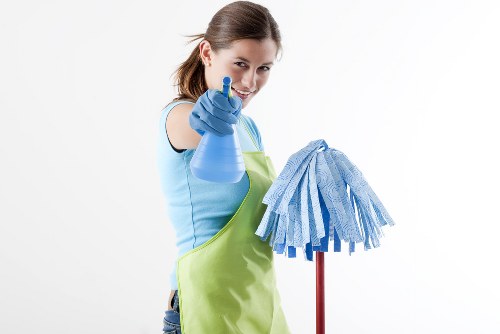 Cleaning professional in Chiswick using safety equipment during a protected cleaning task