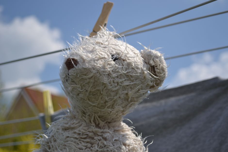 A close-up view of a weathered, dirty teddy bear hanging outdoors on a clothesline, with a background featuring a partly cloudy sky, rooftops, and a grey cloth draped over the line. The teddy bear app